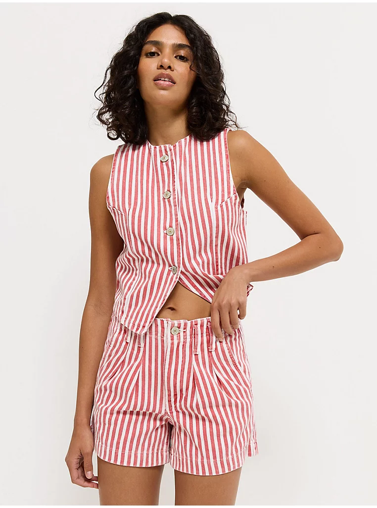 Red Stripe Pleat Front Denim Shorts