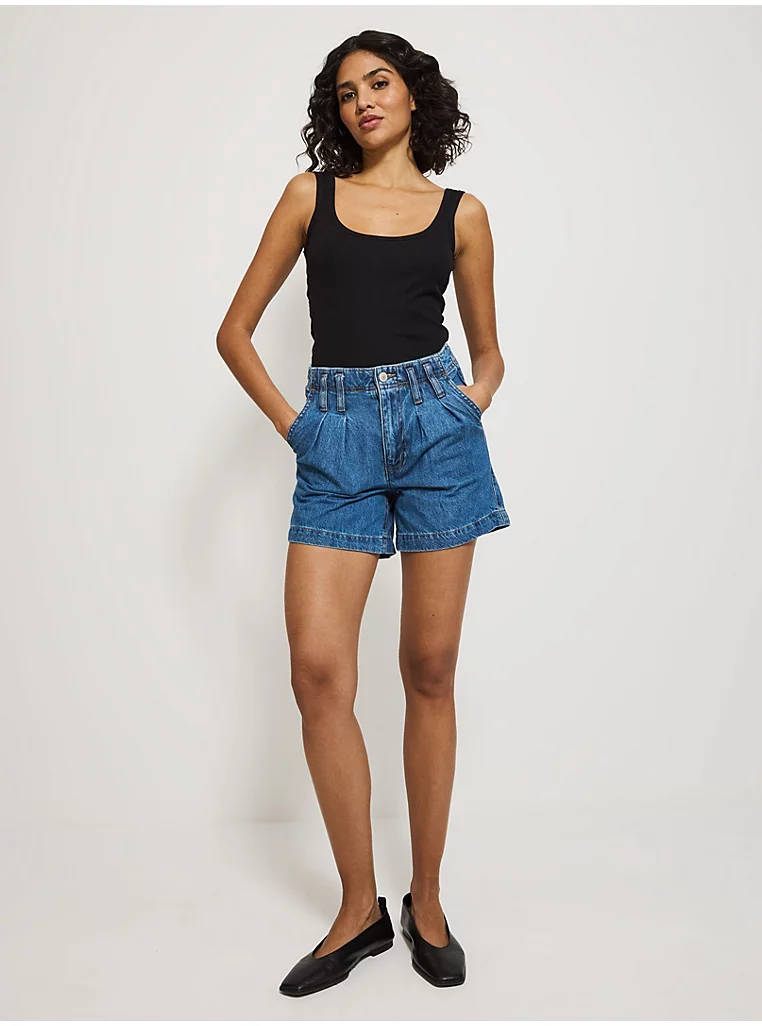 Mid Wash Pleated High Waisted Denim Shorts - Image 4